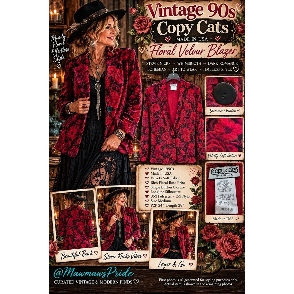 Vintage 90s Copy Cats Floral Velour Blazer M Made USA Whimsigoth Stevie Nicks
